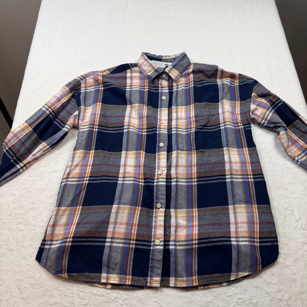 Old Navy Plaid Flannel Boyfriend Shirt Womens Large Navy Pink 283648-08 Exc‎